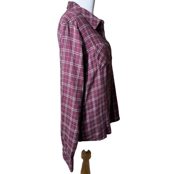 Women's PrAna Button Up Shirt Sz L Burgundy Plaid Lightweight Pockets - Picture 2 of 11